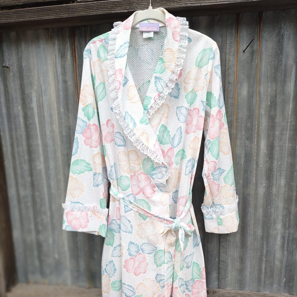Vintage Beth Michaels Floral Seersucker & Lace Robe Cottage Garden  Medium NWOT - Picture 14 of 14